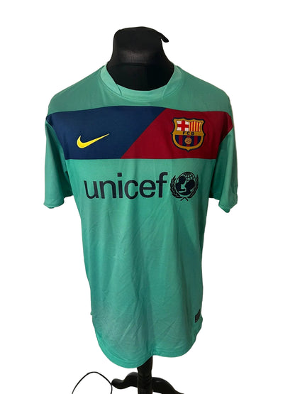 Barcelona 2010-11 away football shirt, turquoise, Large, Nike, Lionel Messi, front