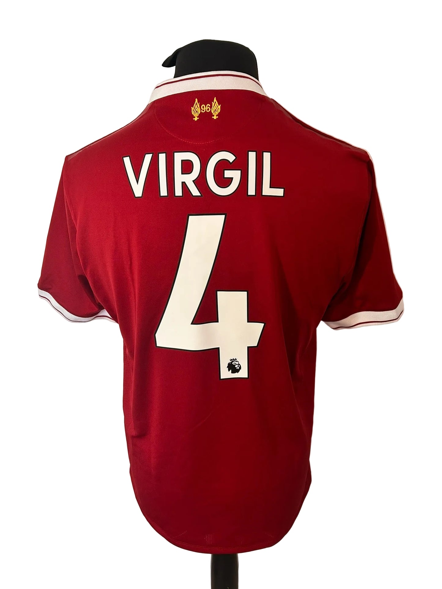 Liverpool 2017-18 home football shirt, red, medium, New Balance, Virgil Van Dijk, back