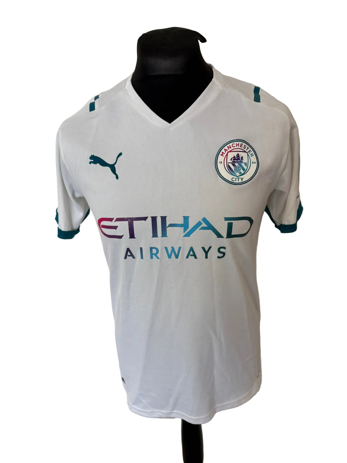 Manchester City 2021-22 away football shirt, white, medium, Puma, Kevin De Bruyne, front