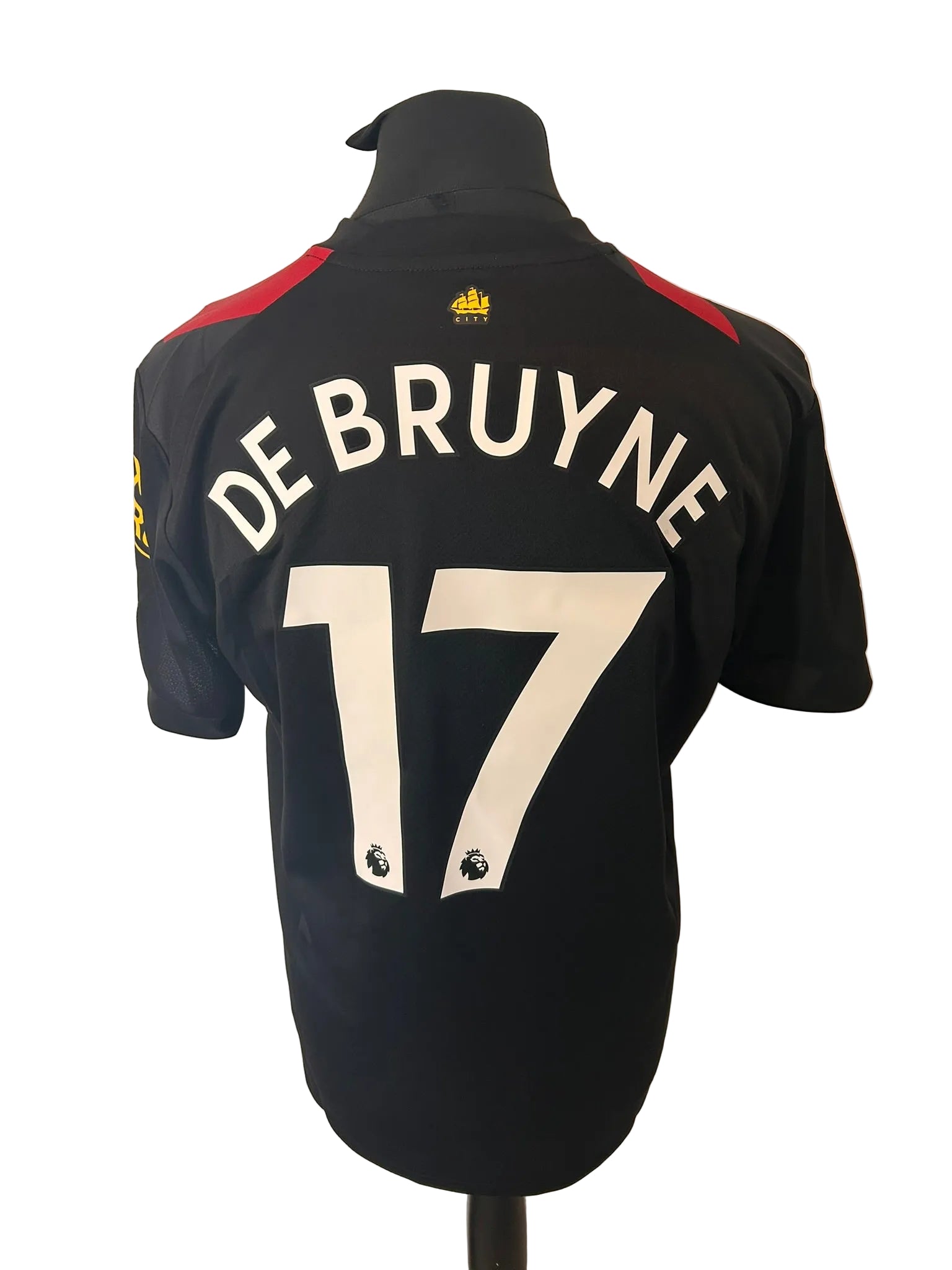 Manchester City 2022-23 away football shirt, red and black, Large, Puma, Kevin De Bruyne, back