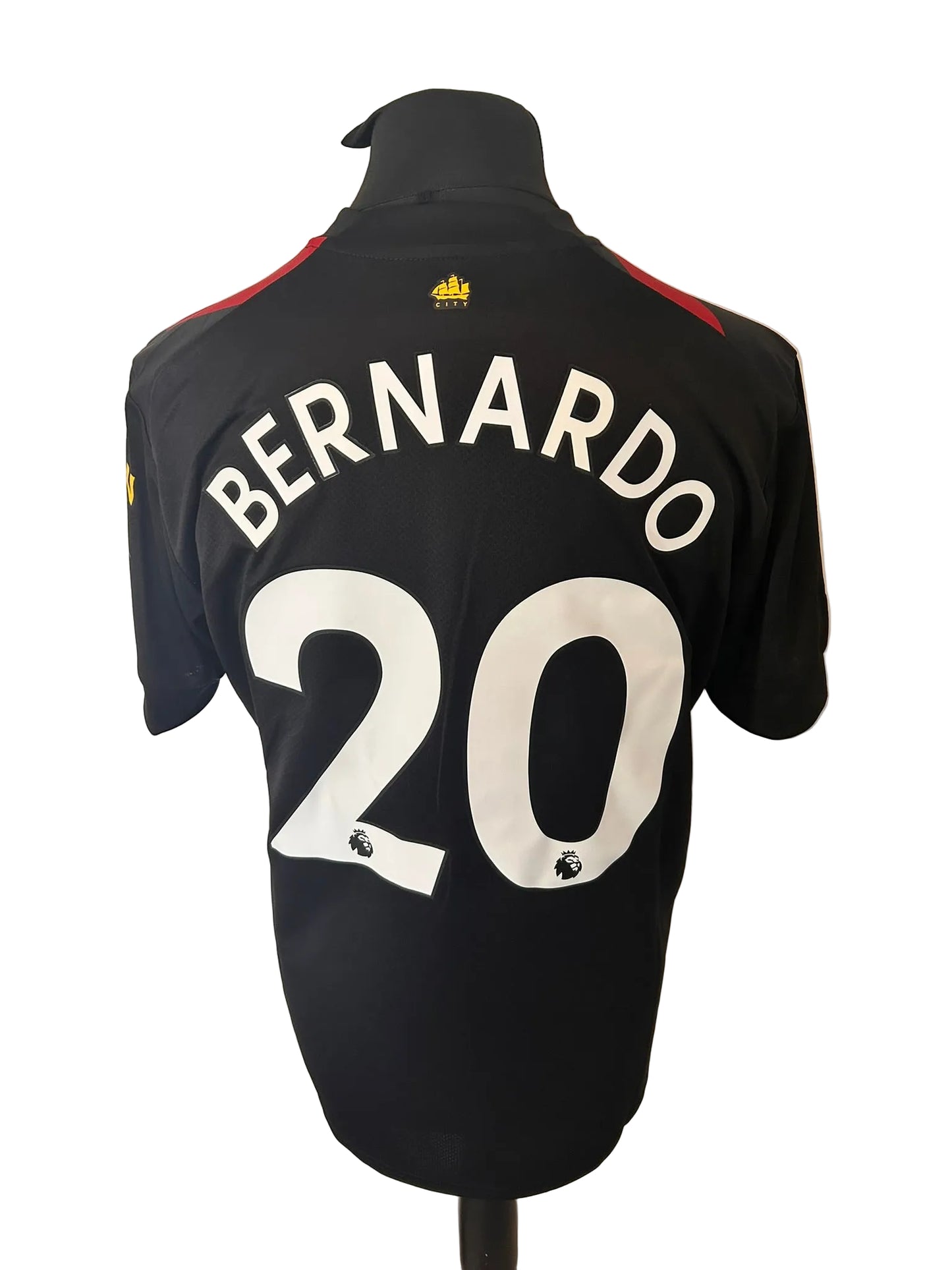 Manchester City 2022-23 away football shirt, black and red, large, Puma, Bernardo Silva, back