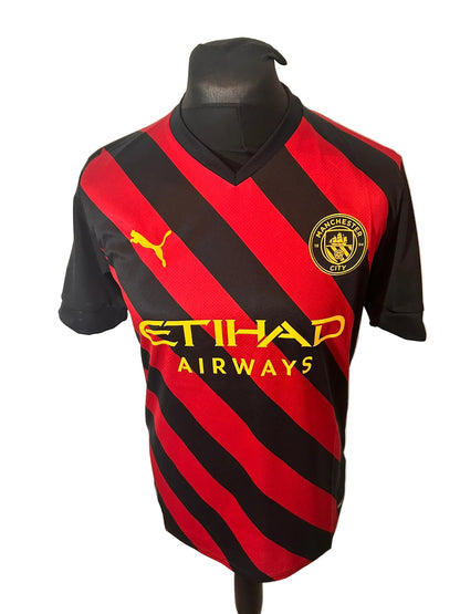 Manchester City 2022-23 away football shirt, red and black, medium, Puma, Rodri, front