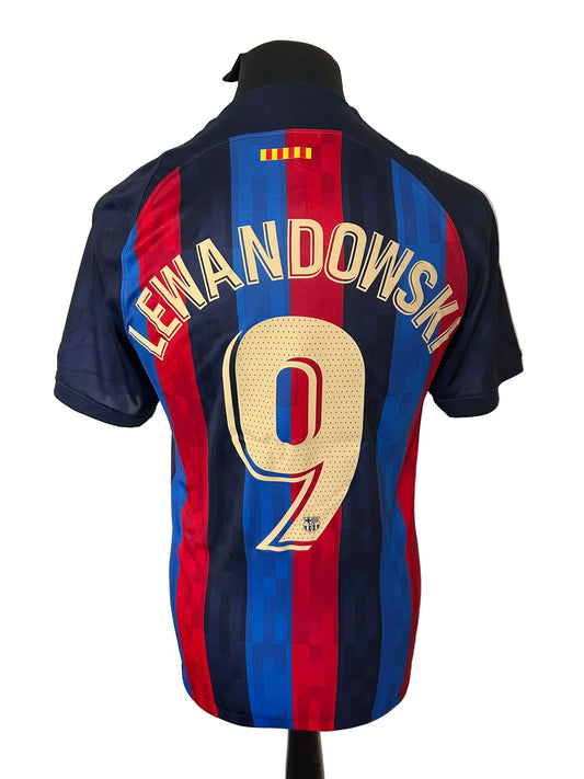 Barelona 2022-23 home football shirt, Nike, Robert Lewandowski, small,blue and red, back
