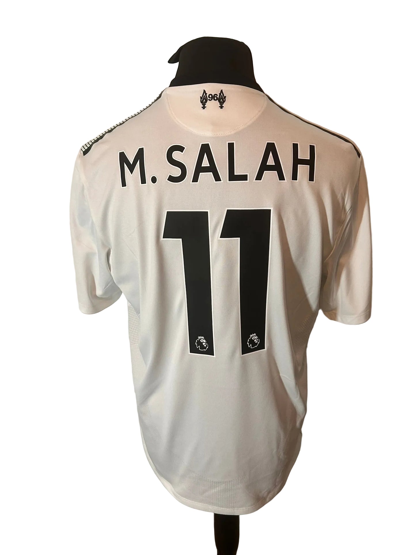 Liverpool 2017-18 away football shirt, white and green, Large, New Balance, Mohamed Salah, back