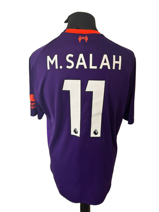 Liverpool 2018-19 away football shirt, New Balance, extra large, XL, purple, back, Mohamed Salah