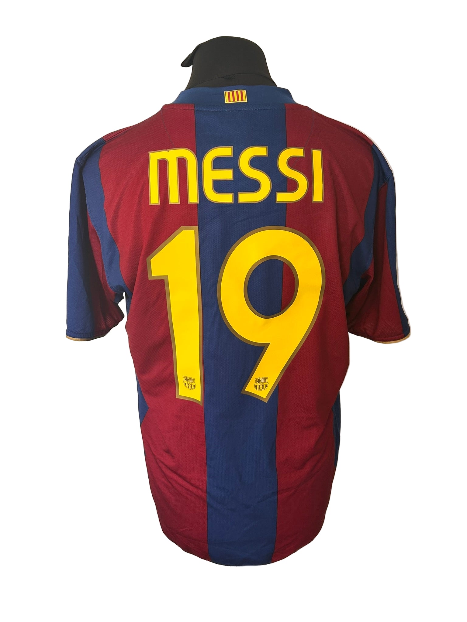 Barcelona 2007-08 home football shirt, Nike, Lionel Messi, large, blue and red, stripes, back