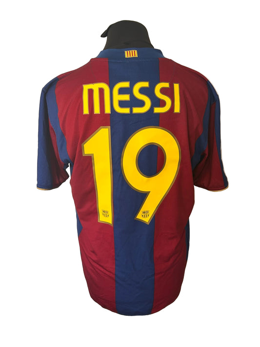 Barcelona 2007-08 home football shirt, Nike, Lionel Messi, large, blue and red, stripes, back
