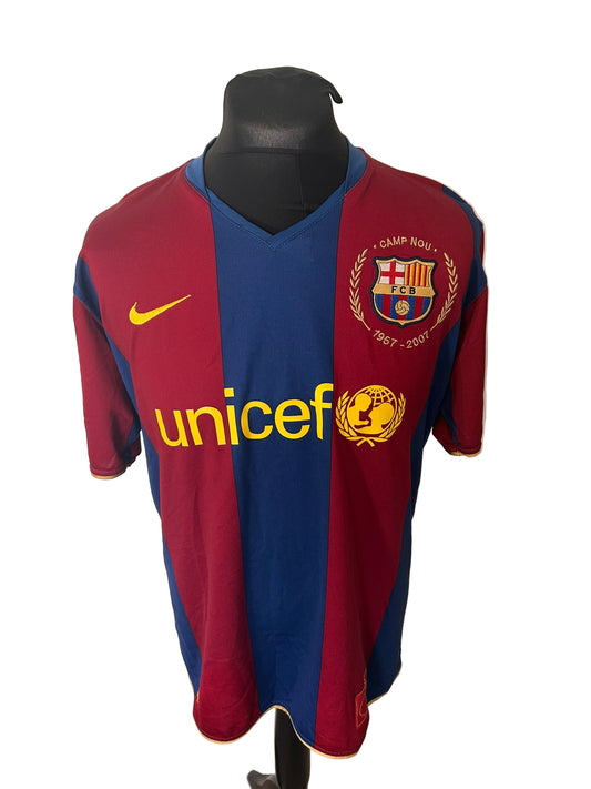 Barcelona 2007-08 home football shirt, Nike, Lionel Messi, large, blue and red, stripes, front