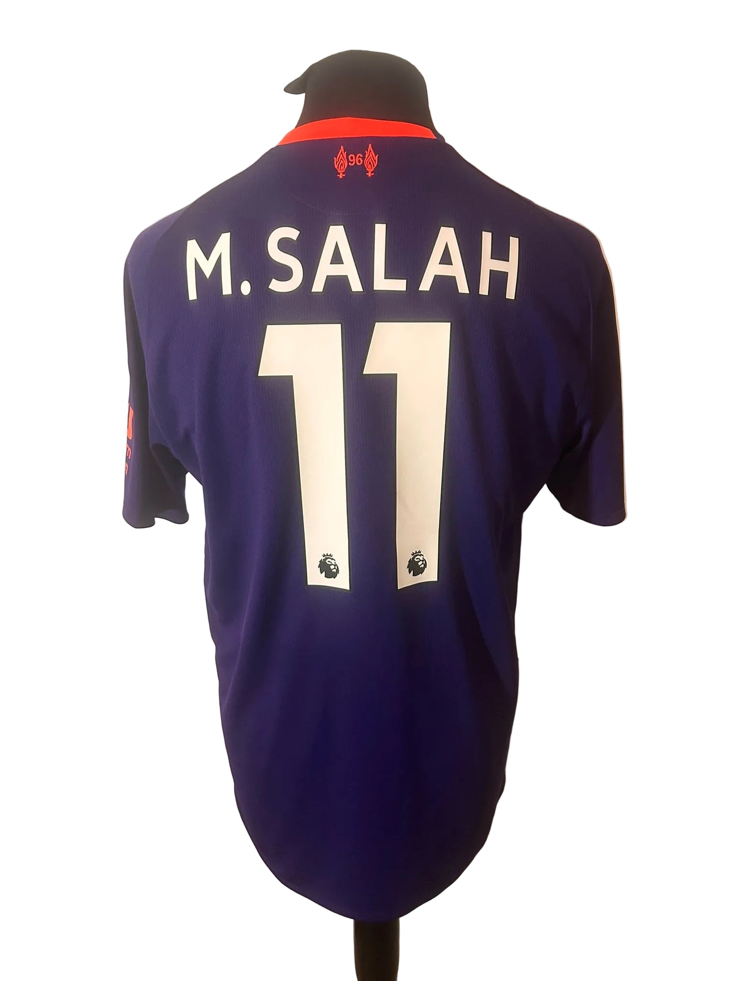 Liverpool 2018-19 away football shirt, purple, Large, New Balance, Mohamed Salah, back