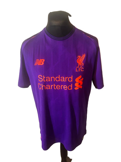Liverpool 2018-19 away football shirt, purple, Large, New Balance, Mohamed Salah, front