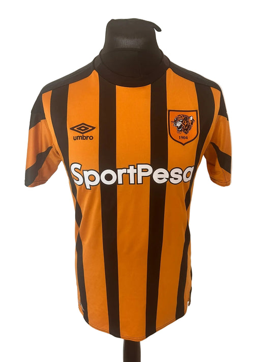 Hull City 2017-18 home football shirt, amber and black, medium, Umbro, front