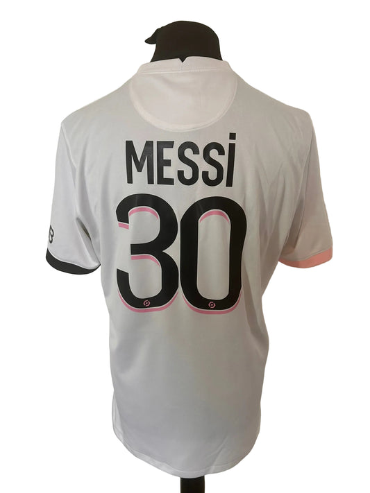 PSG, Paris Saint Germain 2021-22 away football shirt, white, Large, Nike, Lionel Messi, back