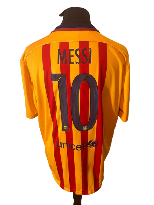 Barcelona 2015-16 away football shirt, orange, XXL, 2XL, Nike, Lionel Messi, back