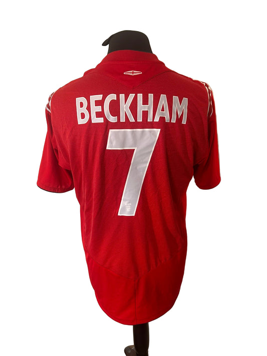 England 2004-06 away football shirt, Umbro, large, red, David Beckham, back