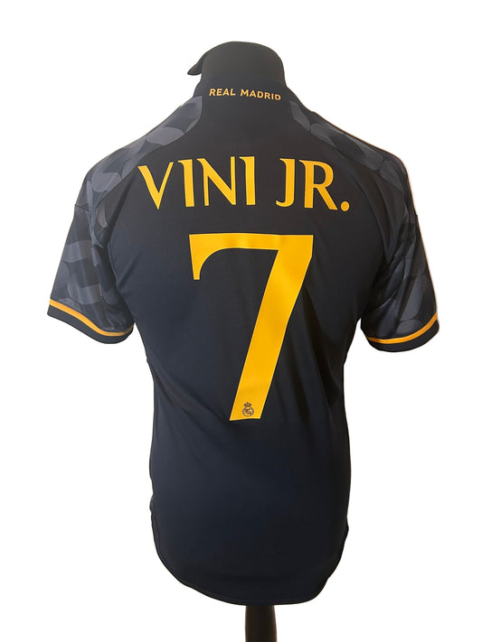 Real Madrid 2023-24 away football shirt, adidas, small, navy, Vinicius Jr, back