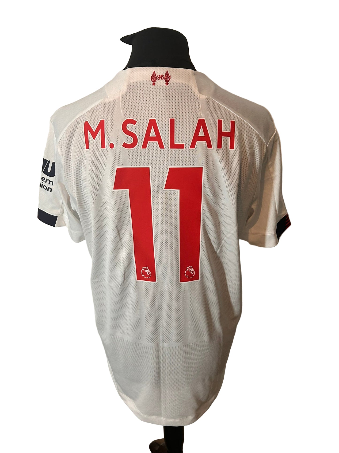 Liverpool 2019-20 away football shirt, New Balance, extra large, XL, white, Mohamed Salah, back