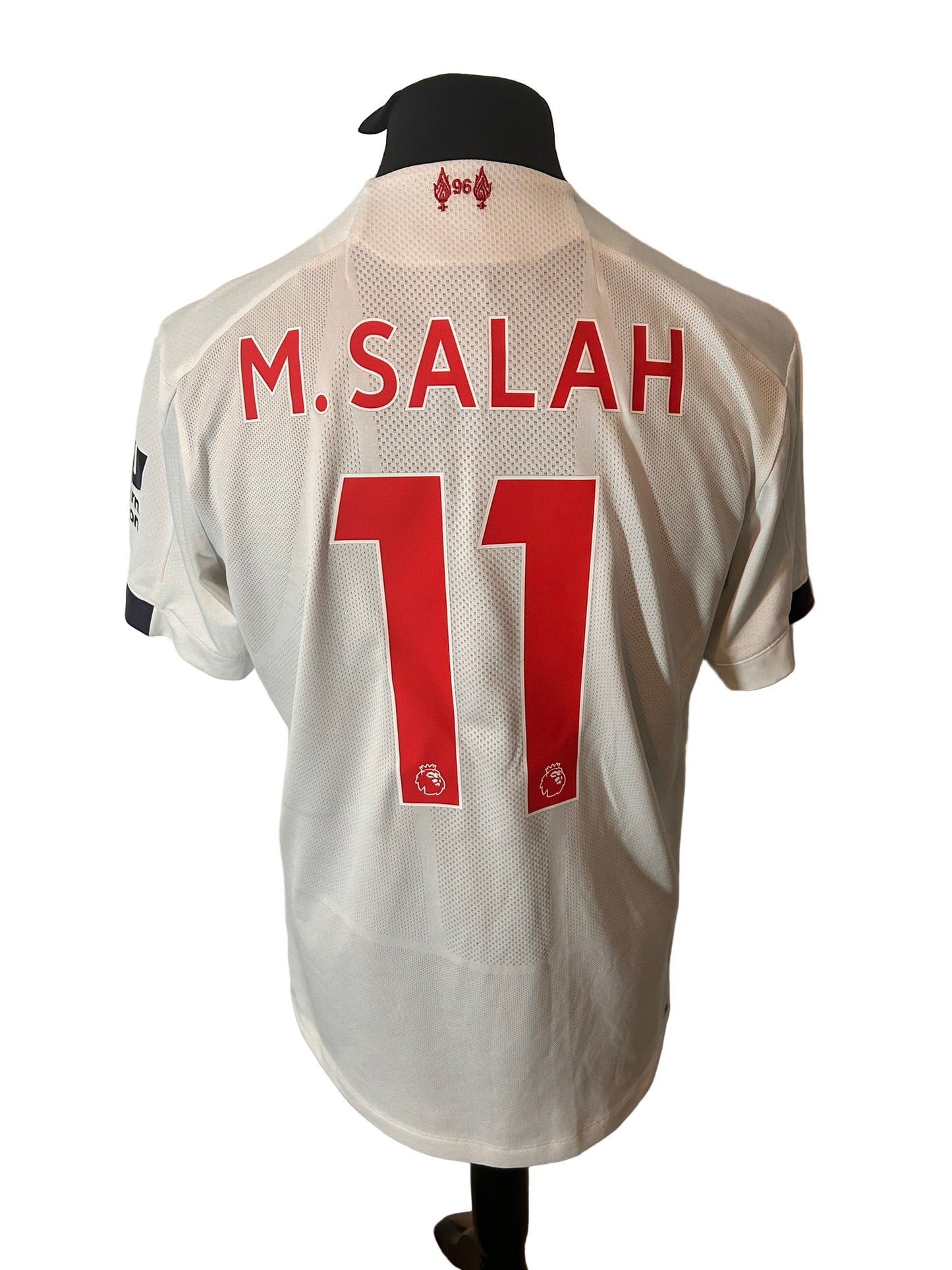 Liverpool 2019-20 away football shirt, New Balance, large, white, Mohamed Salah, back
