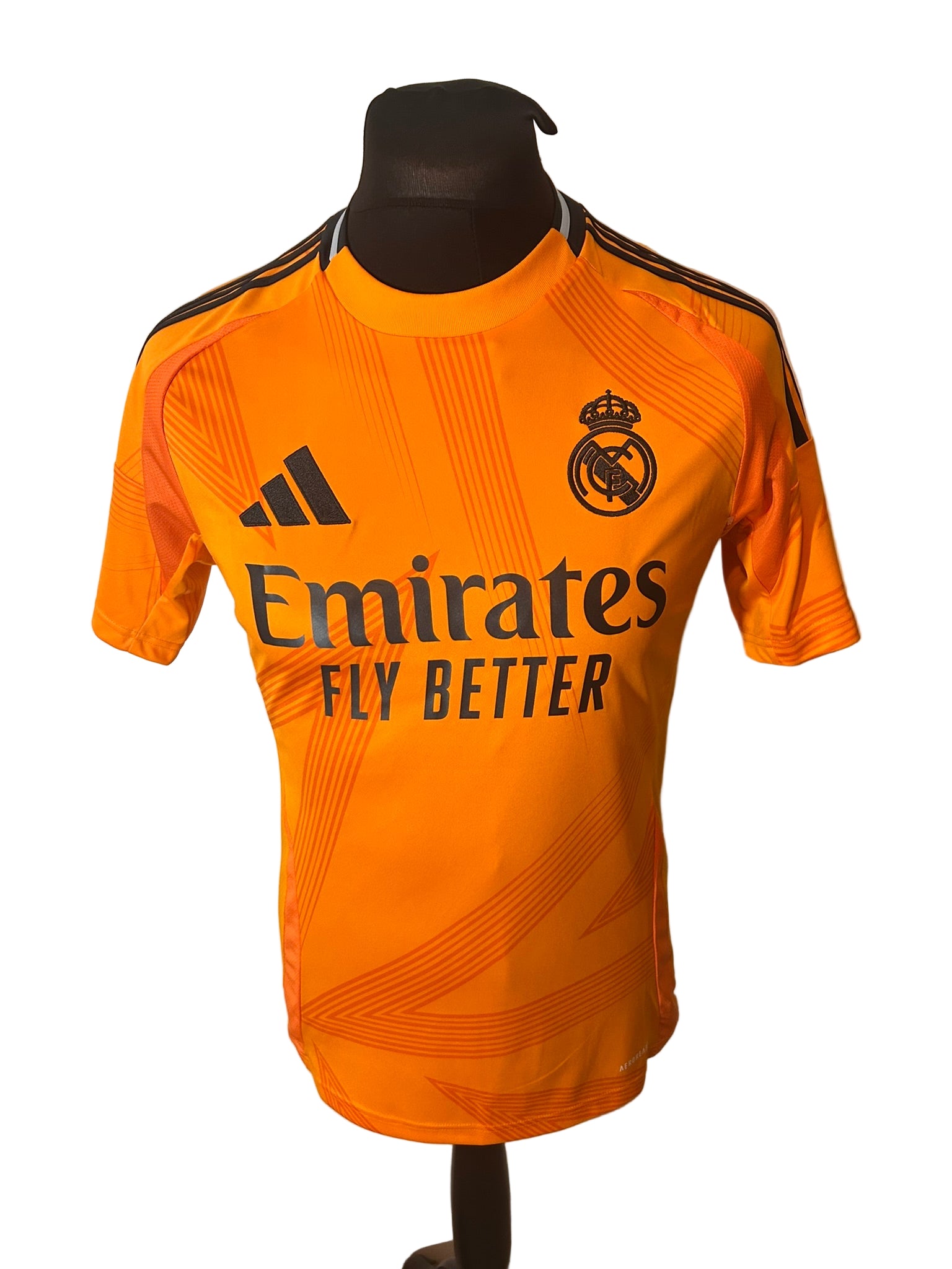 Real Madrid 2024-25 away football shirt, adidas, small, orange, Vinicius Jr, front