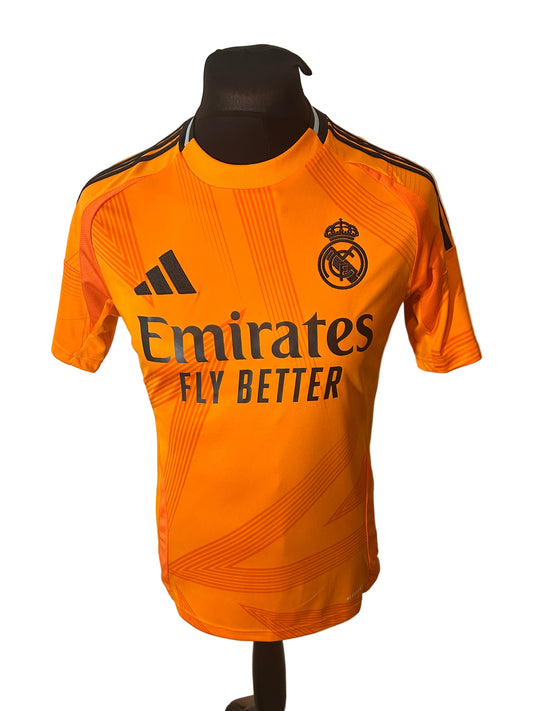 Real Madrid 2024-25 away football shirt, adidas, small, orange, Vinicius Jr, front