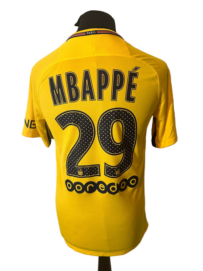 PSG, Paris Saint Germain 2017-18 away football shirt, Nike, small, yellow, Kylian Mbappe, back