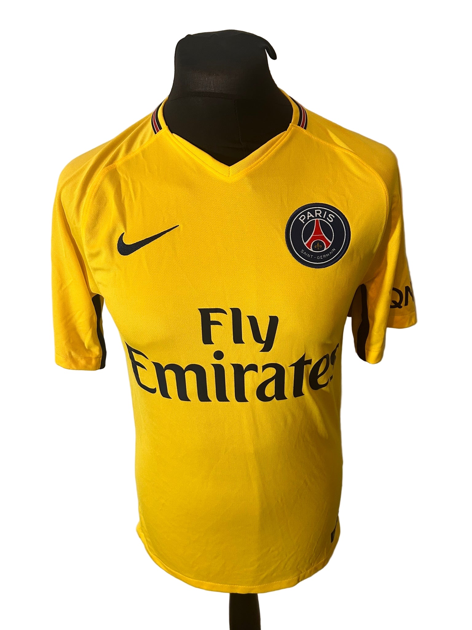 PSG, Paris Saint Germain 2017-18 away football shirt, Nike, small, yellow, Kylian Mbappe, front