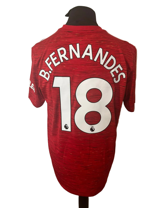 Manchester United 2020-21 home football shirt, red, Large, Adidas, Bruno Fernandes, back