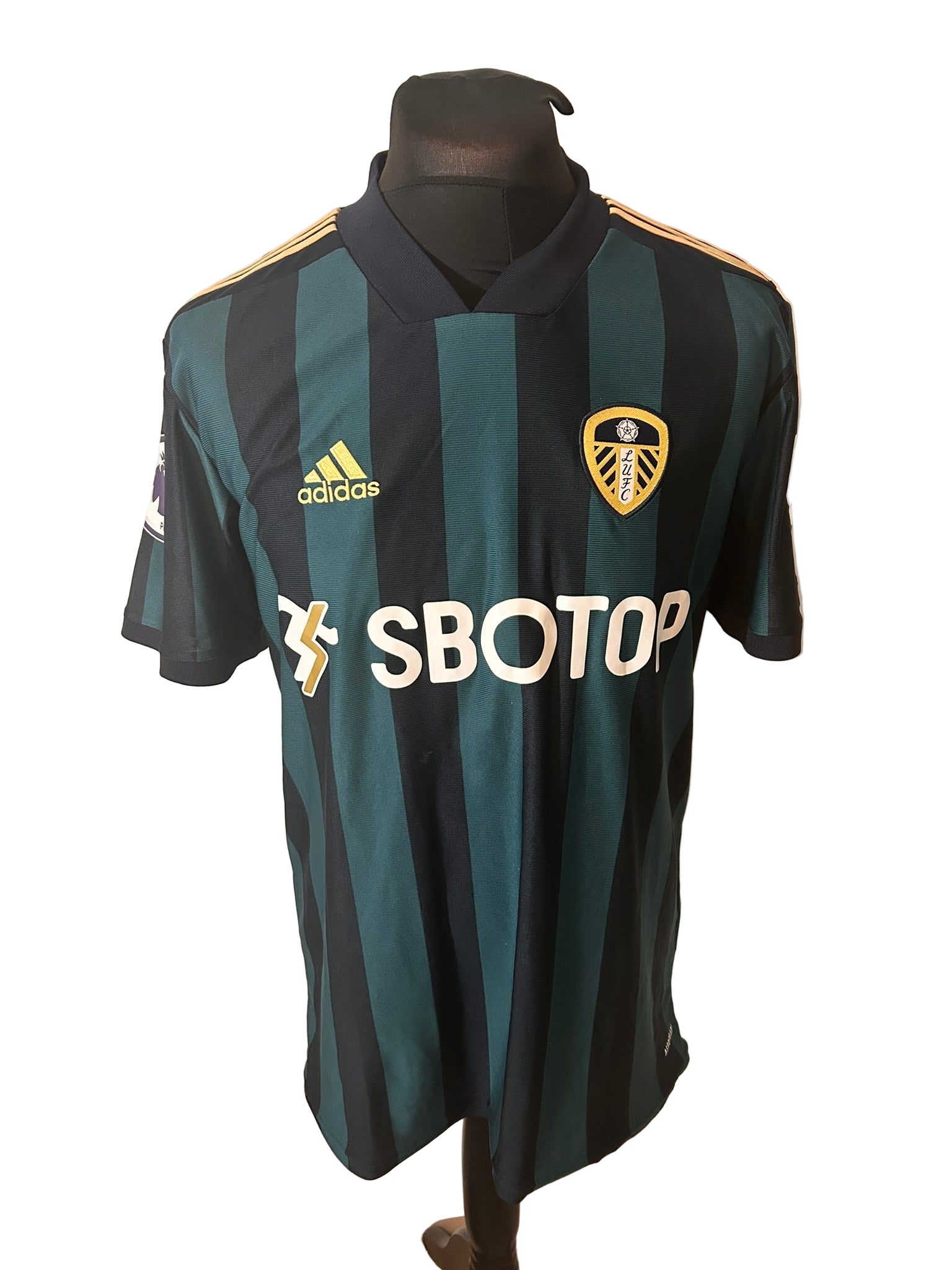 Leeds 2020-21 away football shirt, adidas, large, navy and green, front