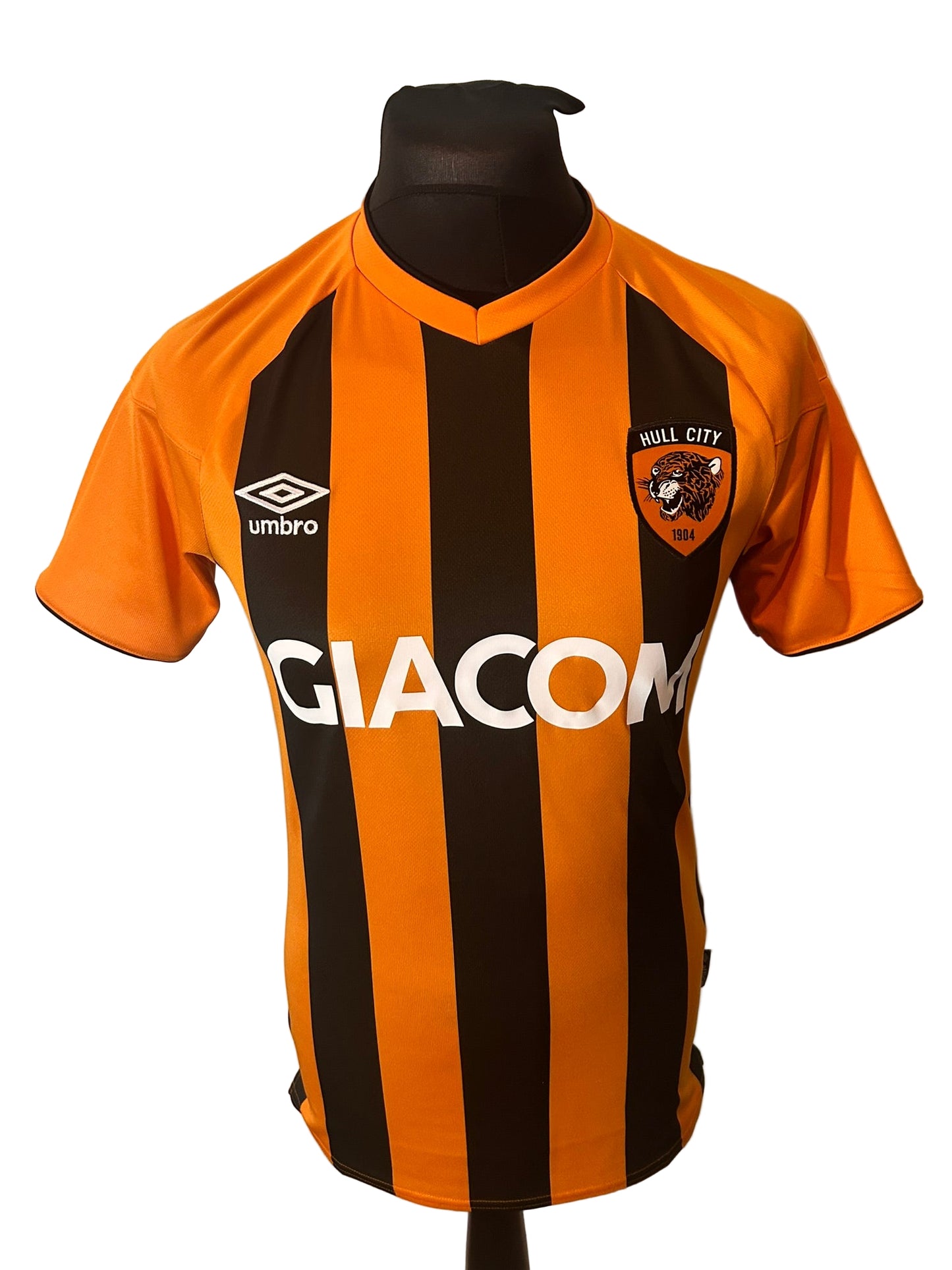 Hull City 2020-21 home football shirt, Umbro, small, amber and black, front